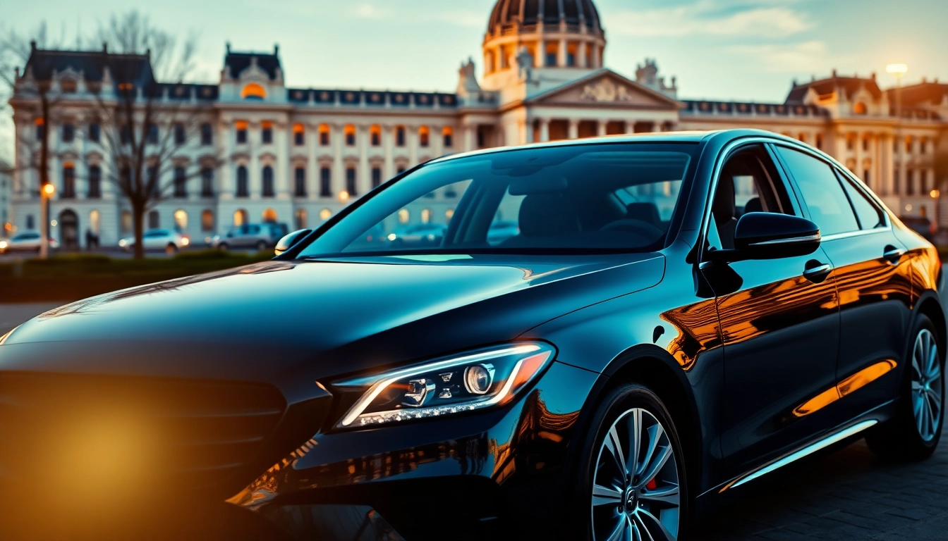 Professional driver hire Budapest featuring a luxury black car against the stunning backdrop of the Budapest Parliament.