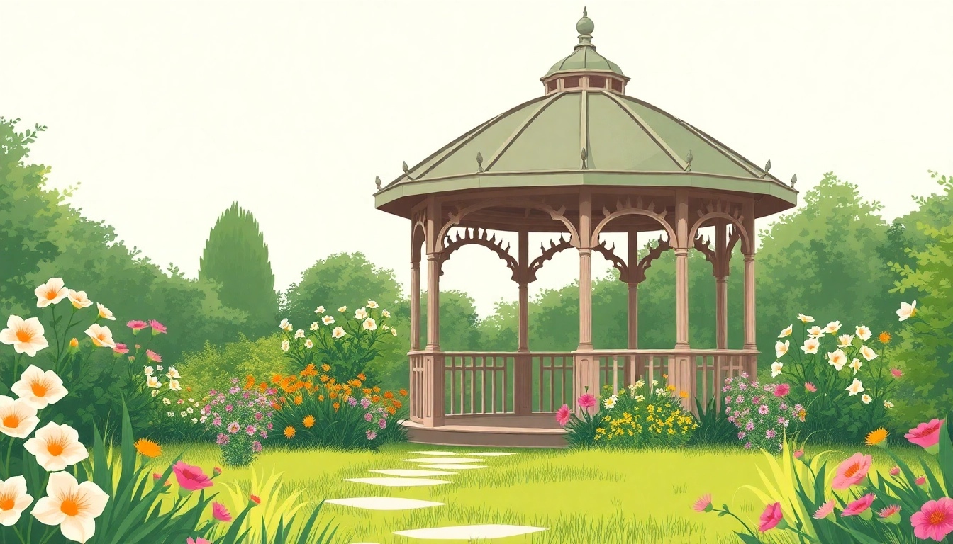 Enjoy a beautiful gazebo in Ireland surrounded by blooming flowers, perfect for outdoor gatherings.