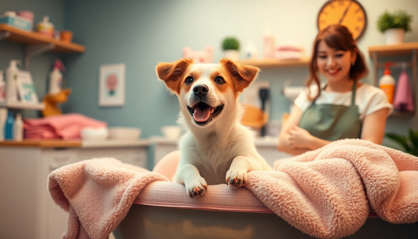 Pamper your pet with a soothing spa experience featuring a happy dog receiving a gentle grooming treatment.