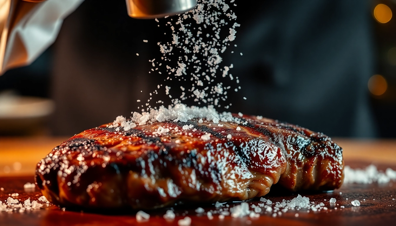 Chef salting a gourmet steak to enhance flavor and preservation techniques.