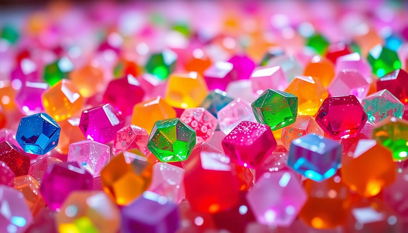 Deliciously vibrant crystal candy sparkling in the light, embodying a whimsical treat experience.