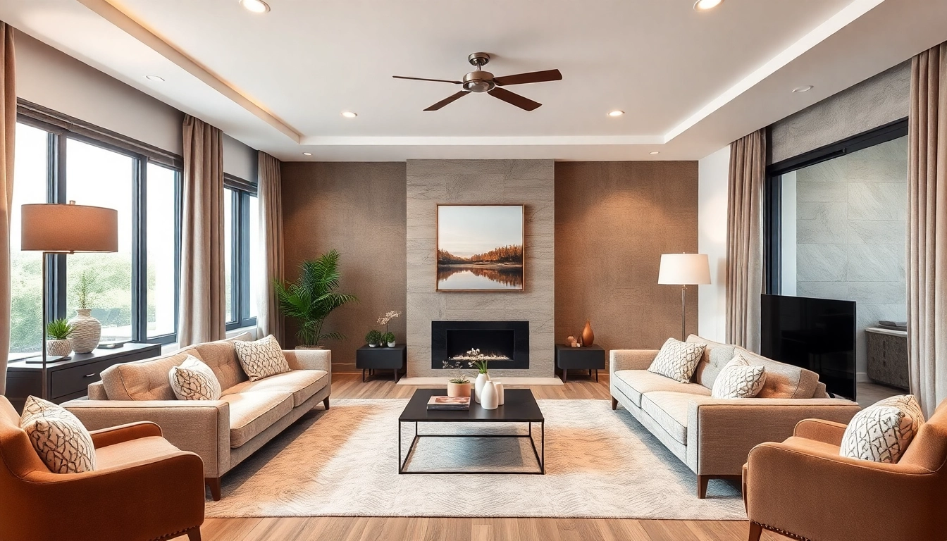 Showcase an entire interior design of a cozy living room featuring modern furnishings and warm tones.