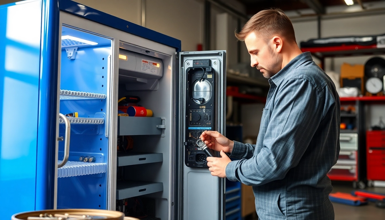 Technician performing soda cooler repair by examining internal components with tools.