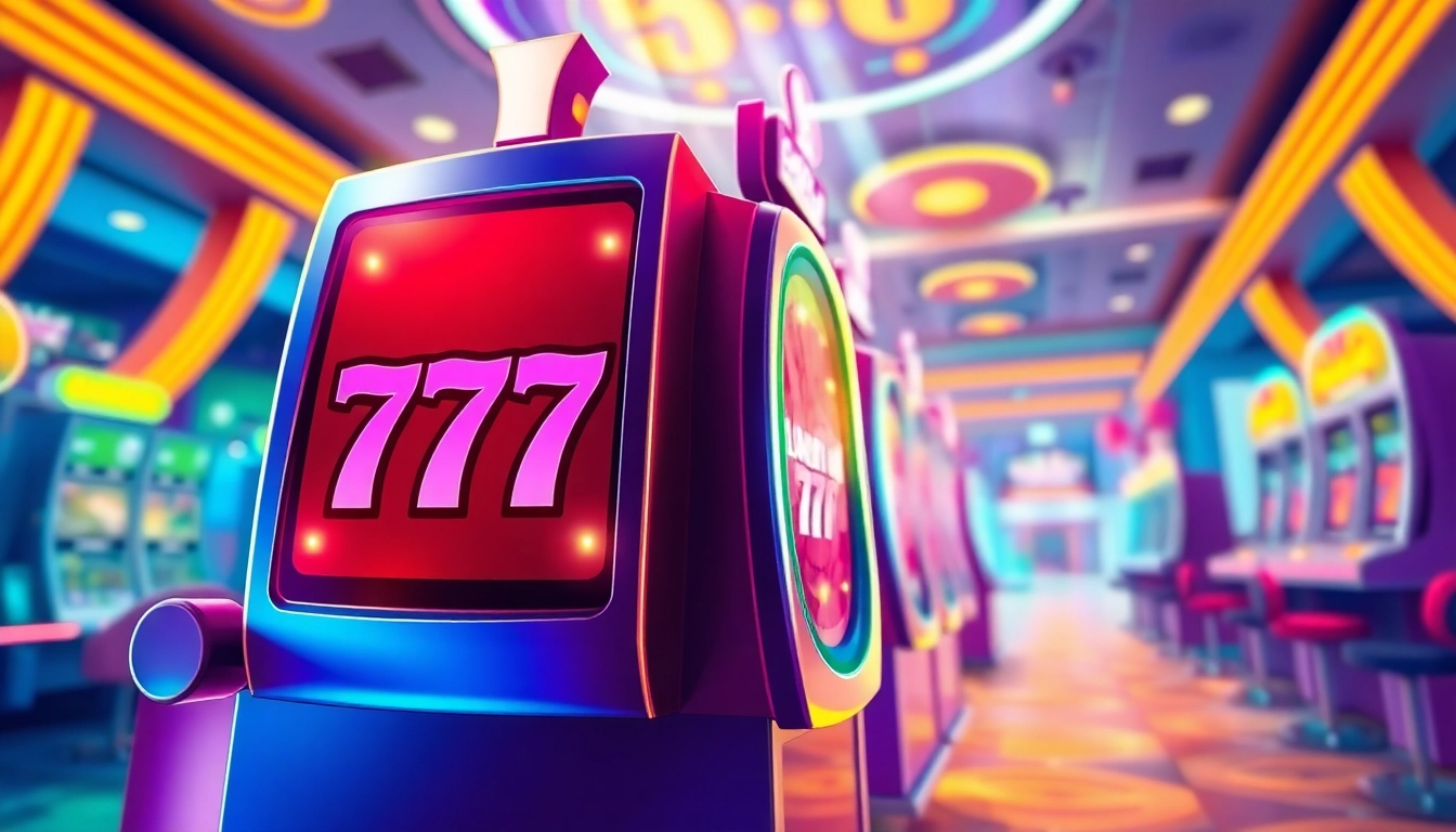 Engaging slot machine labeled 'สล็อต777' in a lively casino environment, showcasing bright colors and dynamic design.