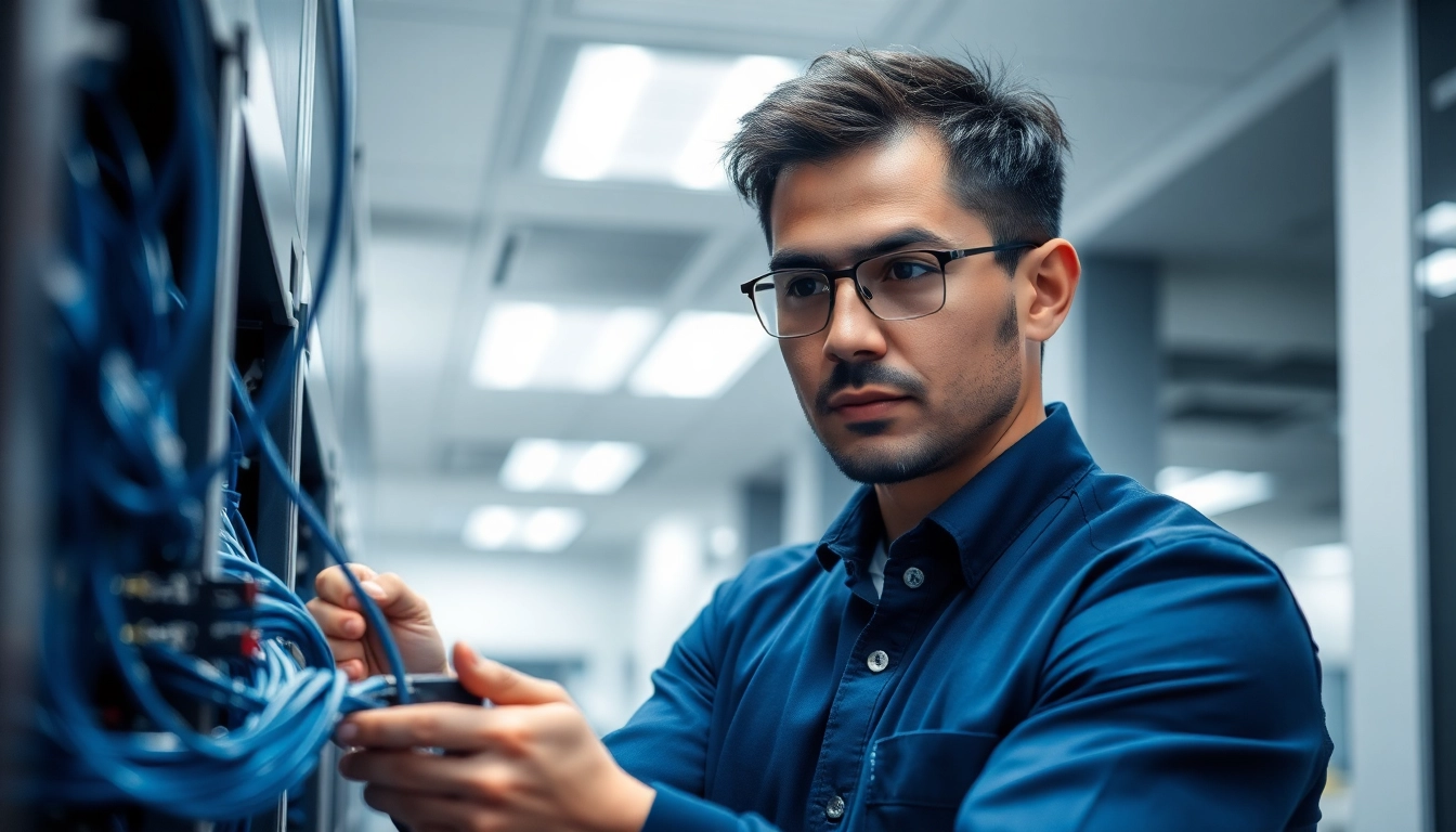 Technician performing Data Cable Installation service within a modern office setup showcasing quality tools and cables.