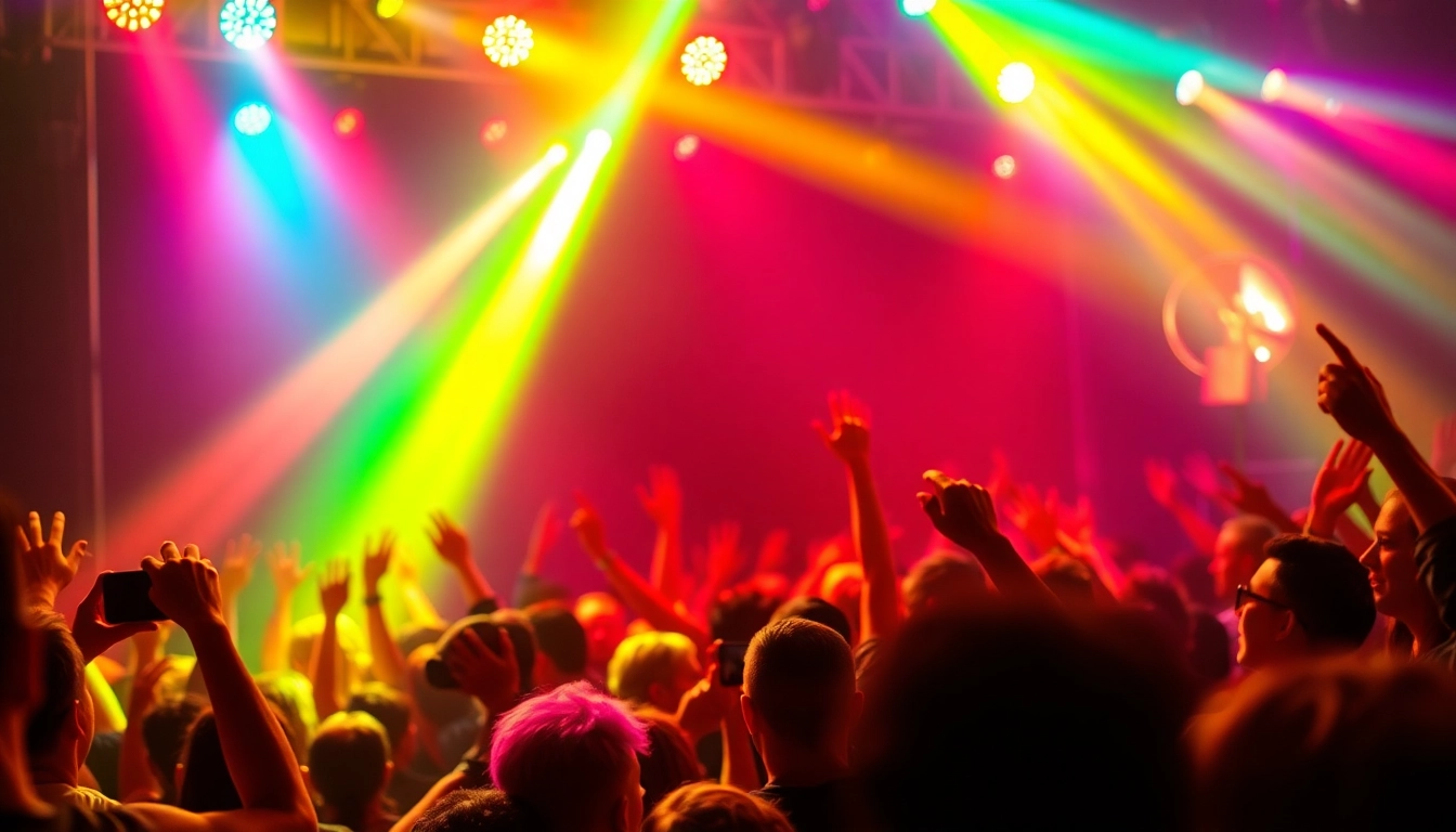 Live music fans celebrating at an energetic concert with colorful stage lights.