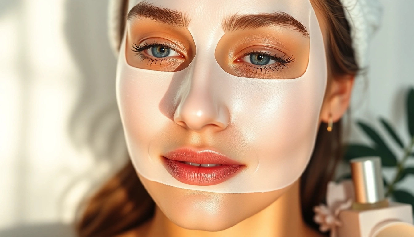 Revitalizing sheet mask applied on a woman's face, enhancing her radiant skin.
