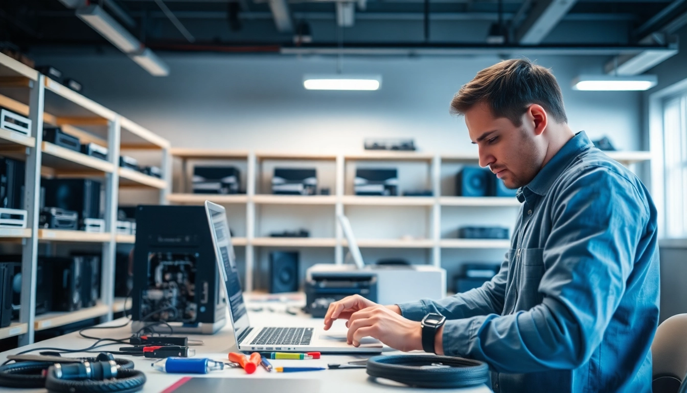 Riparazione computer settimo torinese con un tecnico esperto al lavoro in un laboratorio moderno.