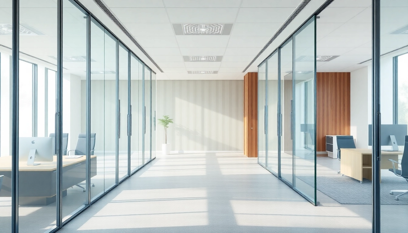 Showcase movable glass partitions enhancing a contemporary office space with elegance and versatility.