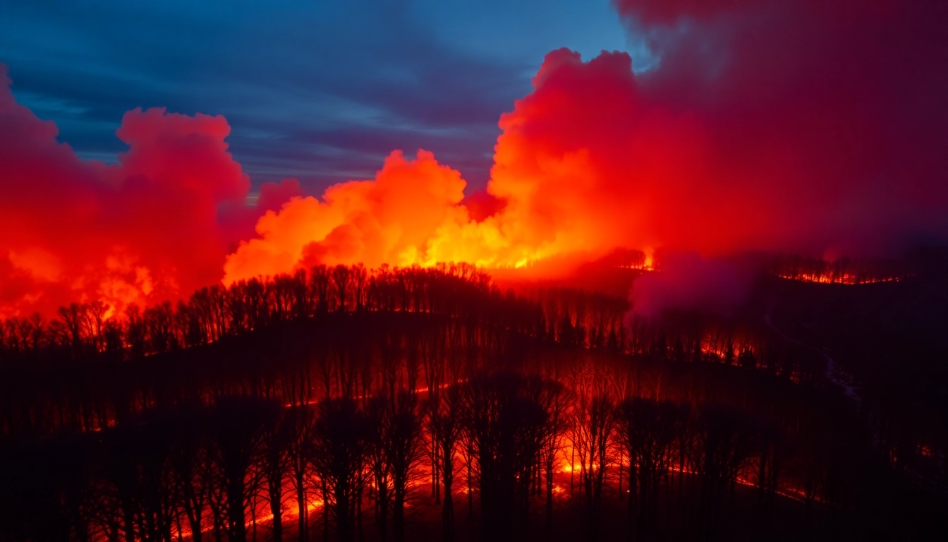 Aerial view of wildfire events highlighting flames engulfing forests against a dramatic dusk sky.