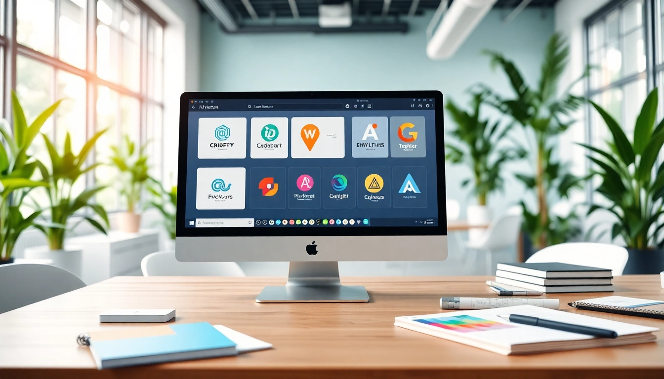 Create unique logos for AI business branding in a modern workspace design environment.