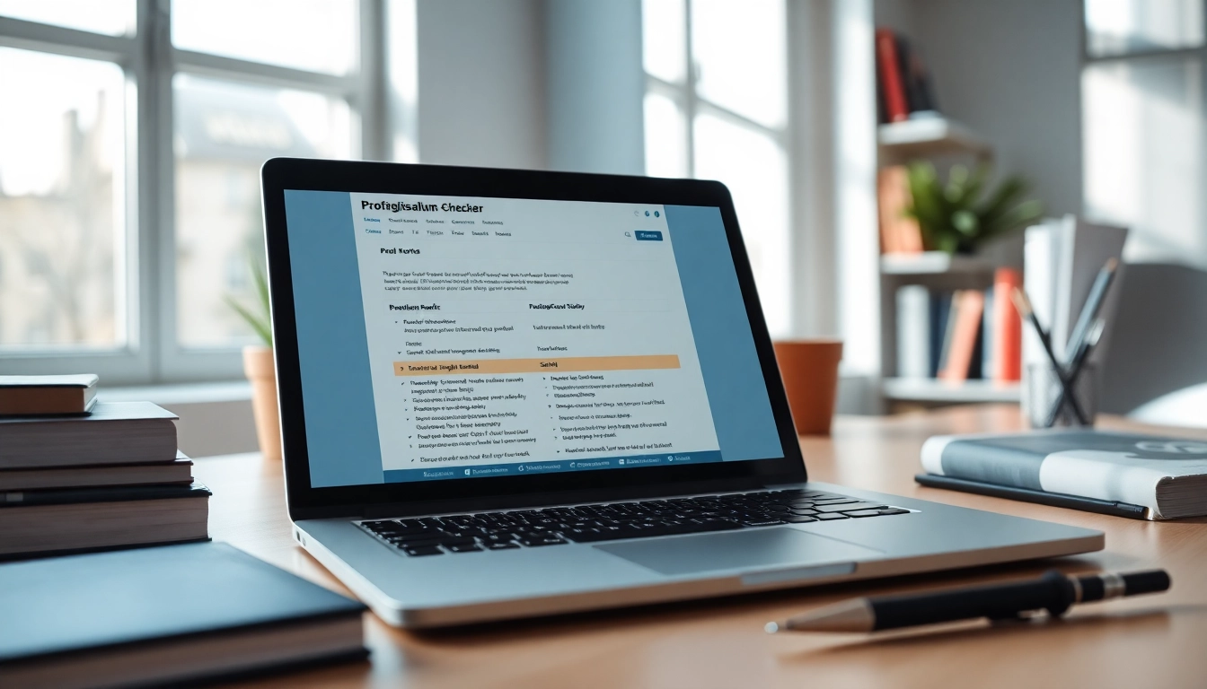 Check plagiarism with a reliable plagiarism checker tool displayed on a sleek laptop screen.