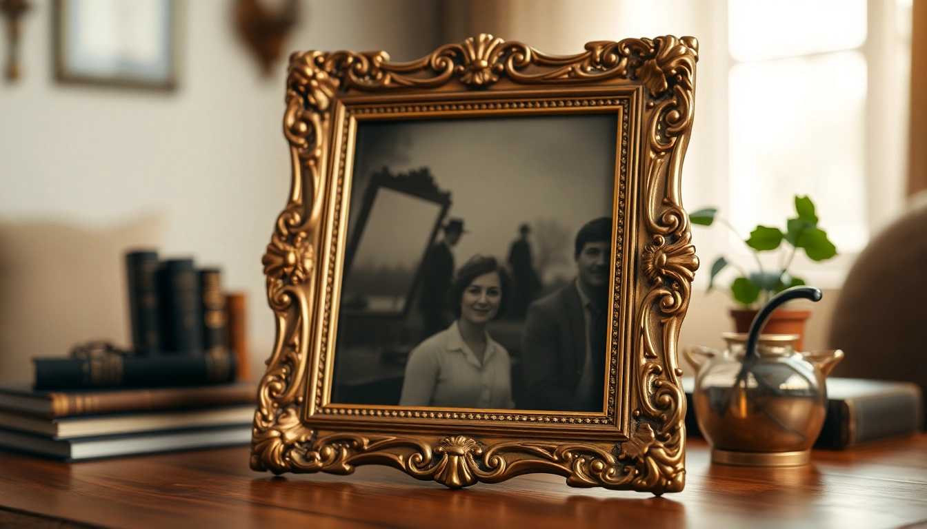 Admire ornate picture frames with exquisite gold detailing, enhancing vintage photographs beautifully.