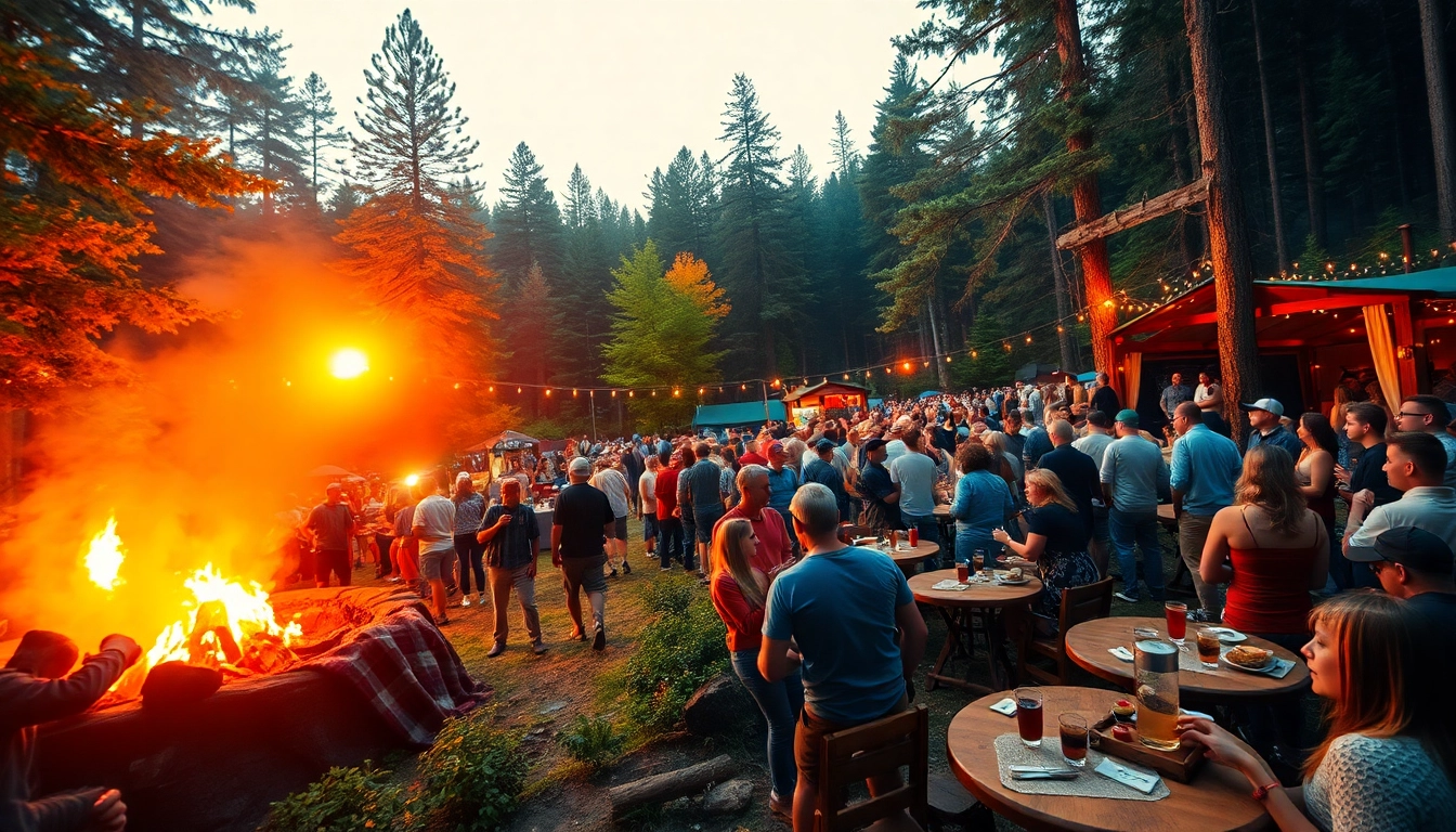 Engaging atmosphere at wildfire events with a scenic forest backdrop and joyful attendees.