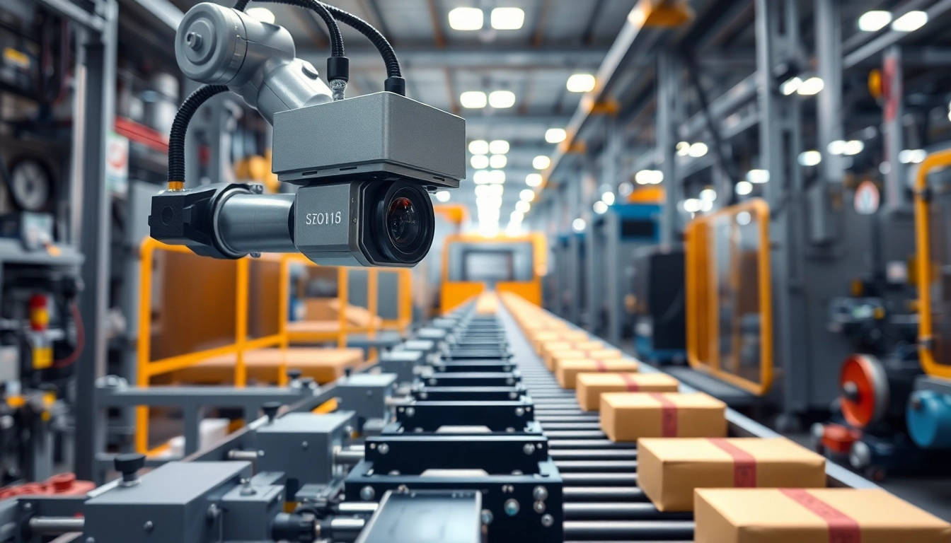 Machine vision system inspecting products on a conveyor belt in an industrial setting, showcasing advanced technology.