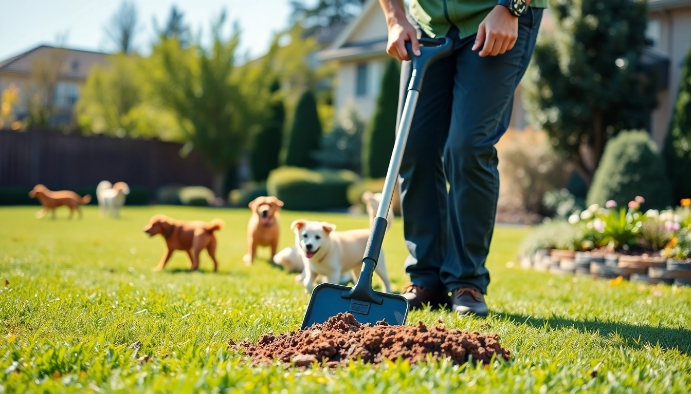Dog poop cleaning service technician professionally picking up waste in a clean garden.