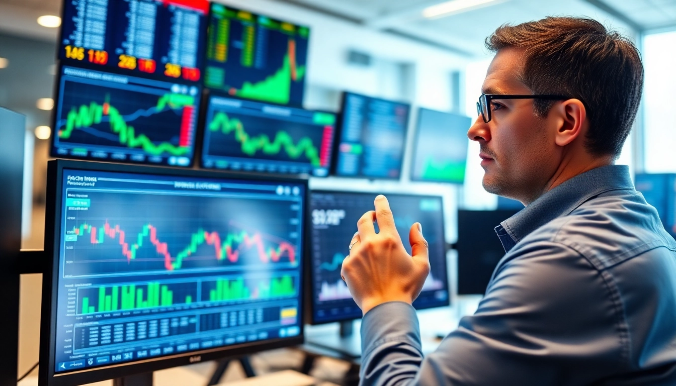 Trader analyzing trade futures data in a modern office setting with multiple screens.