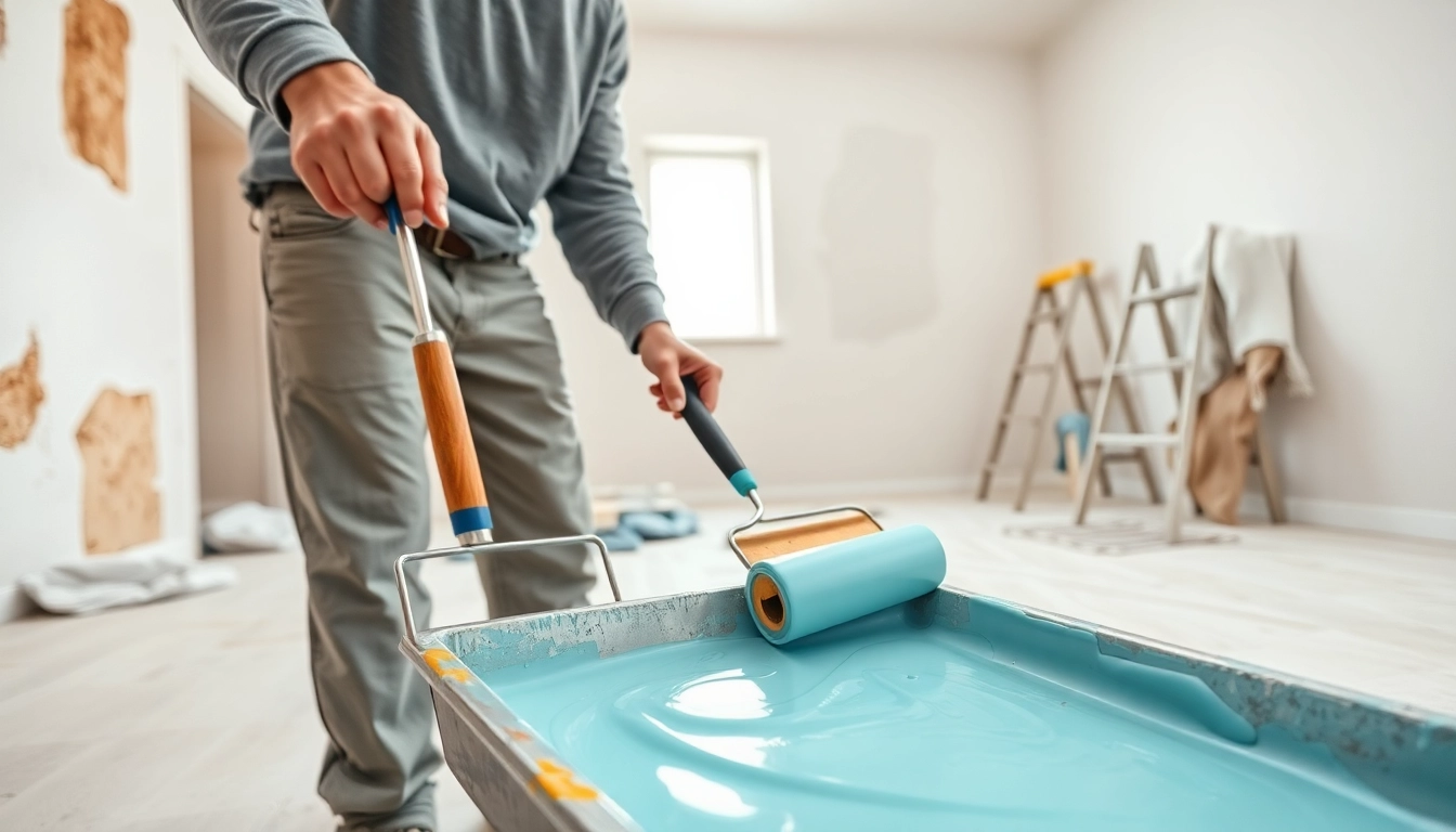 Painter expertly performing drywall painting in a bright room with vibrant colors.