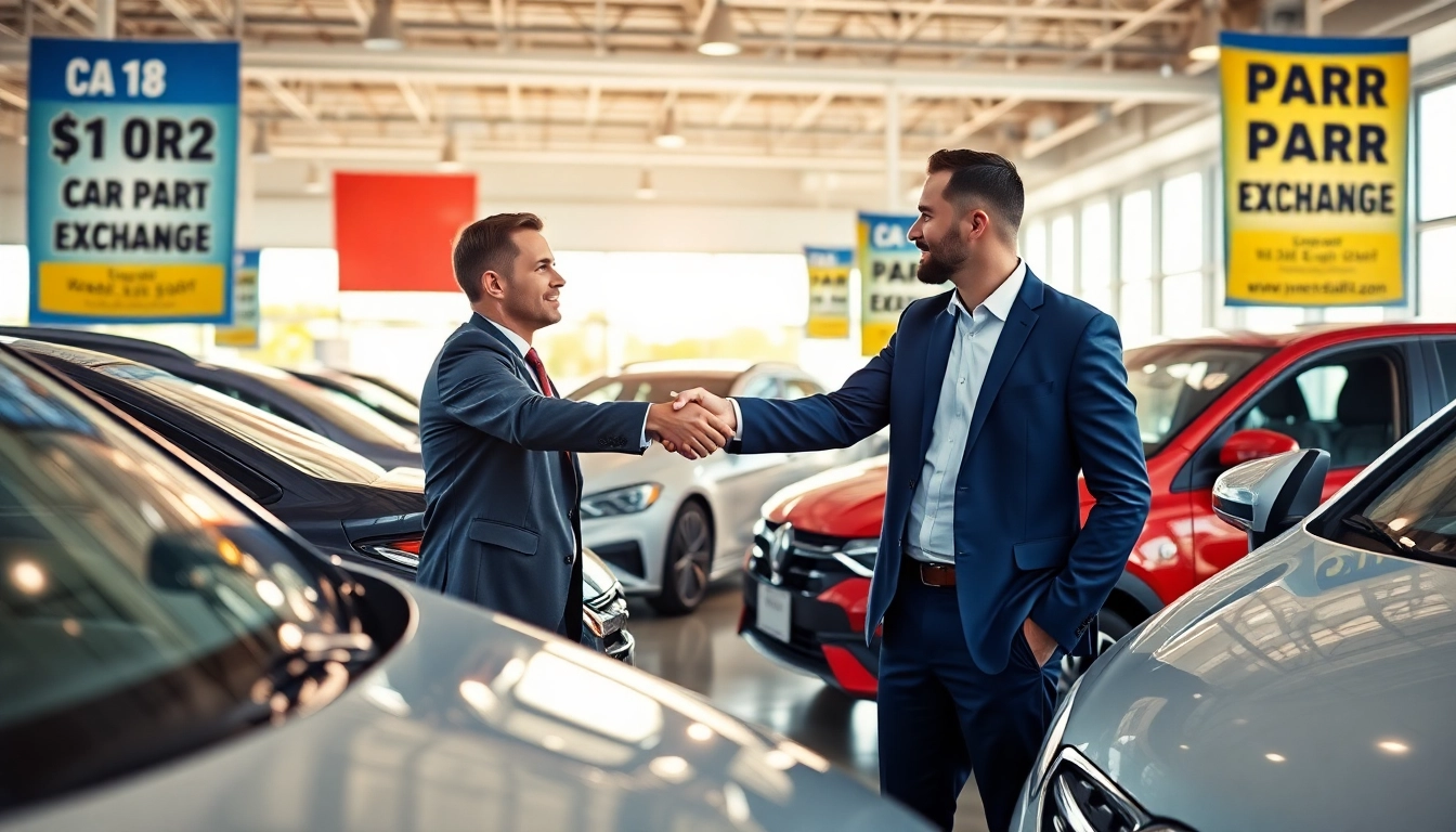 Engaging scene of a Competitive car Part Exchange with customer and dealer at a dealership, showcasing modern cars.