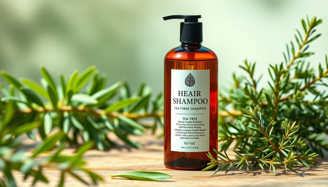Revitalizing shampoo with tea tree oil displayed alongside fresh tea tree leaves and rosemary for hair care.