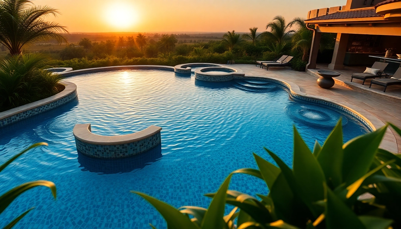 Stunning custom pool with tropical landscaping and sunset reflections, inviting relaxation.