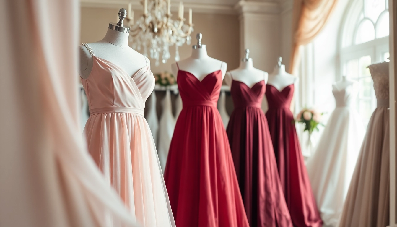 Browse beautiful coloured wedding dresses in an elegant boutique setting, featuring various vibrant hues.