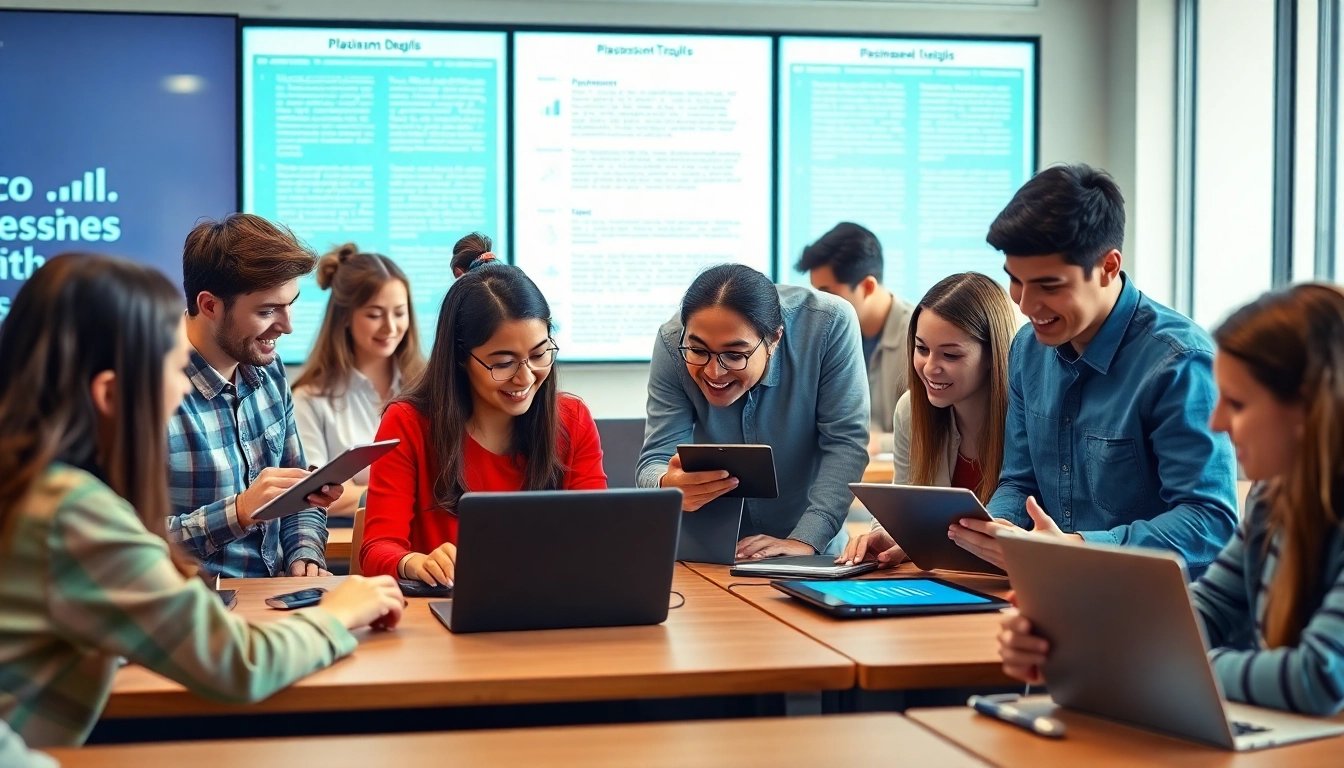 Students using a plagiarism detector for academic work in a modern classroom setting.