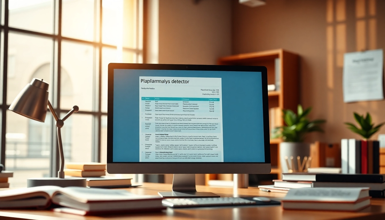 Analyze text with a plagiarism detector on a computer screen in a bright office.