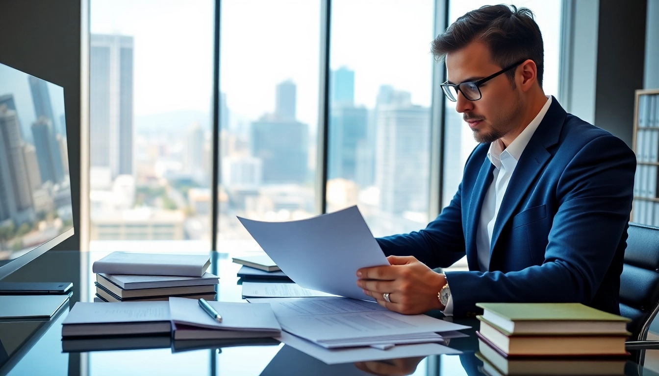 Consultant examining trademark registration in India and US documents in an office.
