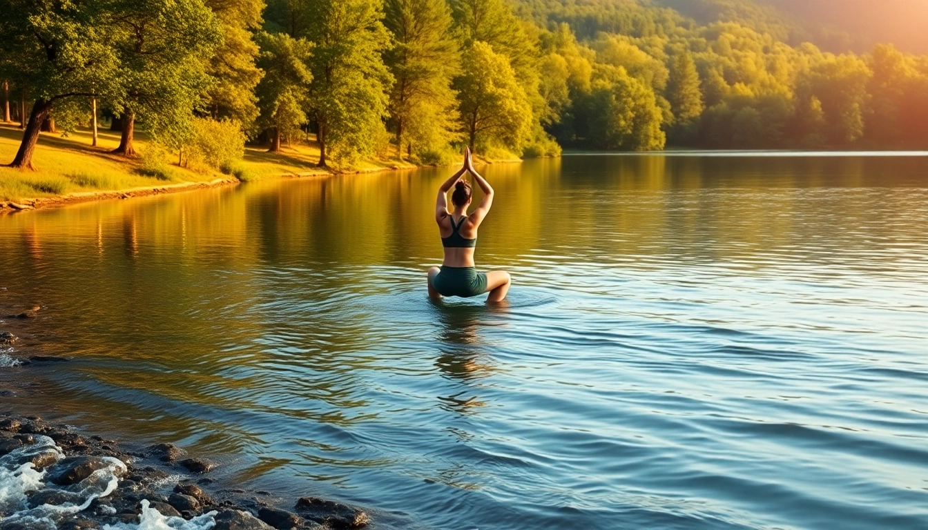 Person practicing yoga by a peaceful lake, emphasizing techniques for dealing with stress.