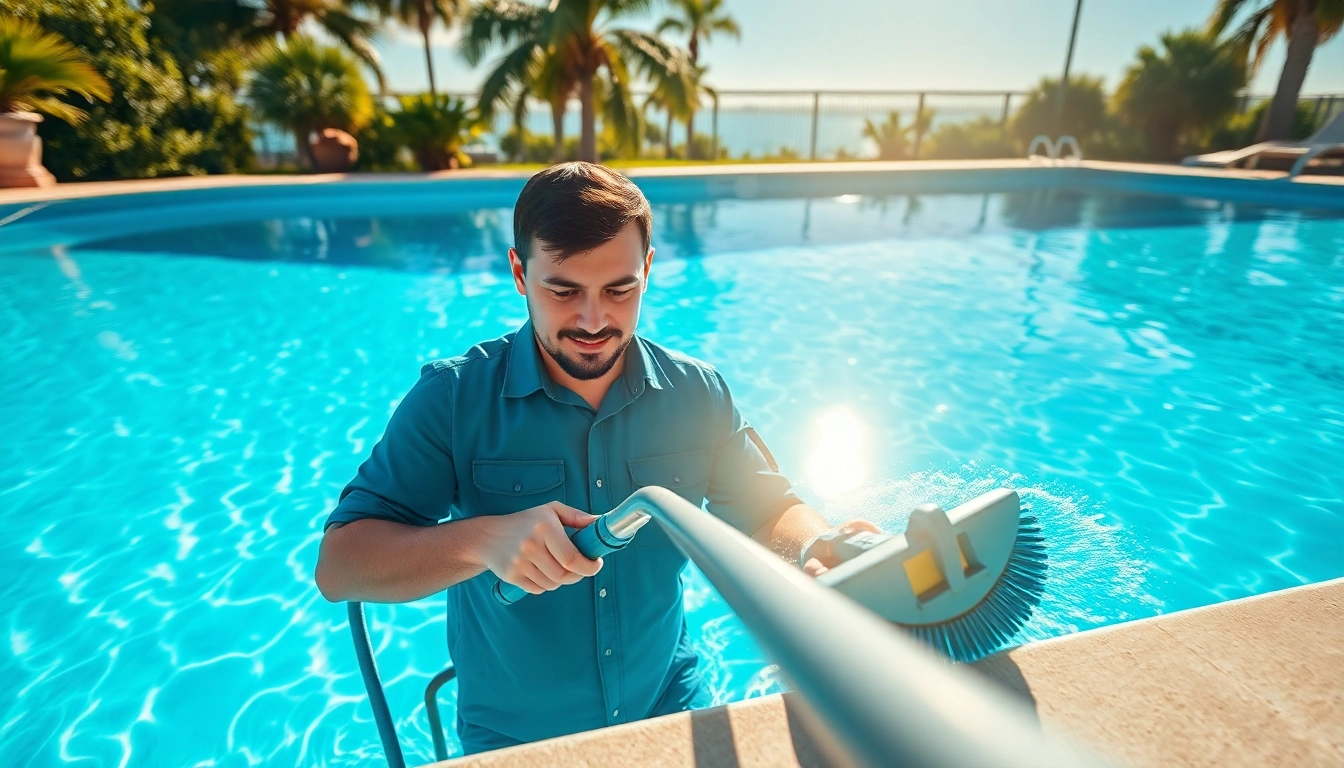 Expert pool service Largo technician cleaning a residential pool under bright sunlight.
