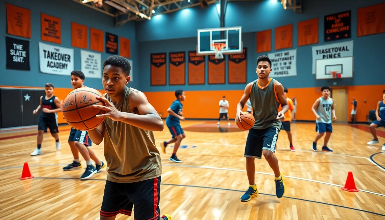 Train at Takeover Basketball Academy with dedicated young athletes honing their skills in a vibrant gym.