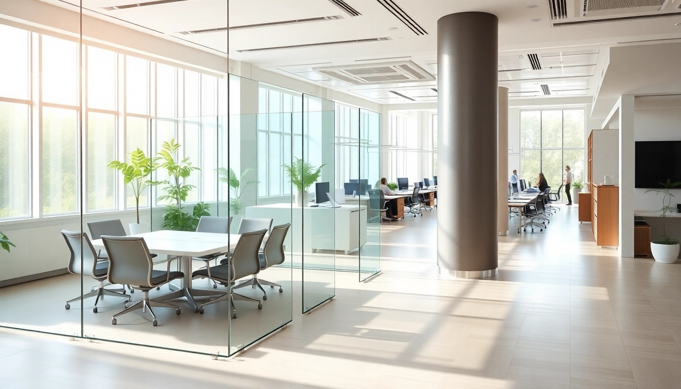 Showcasing movable glass partitions enhancing a modern office space with flexibility and style.