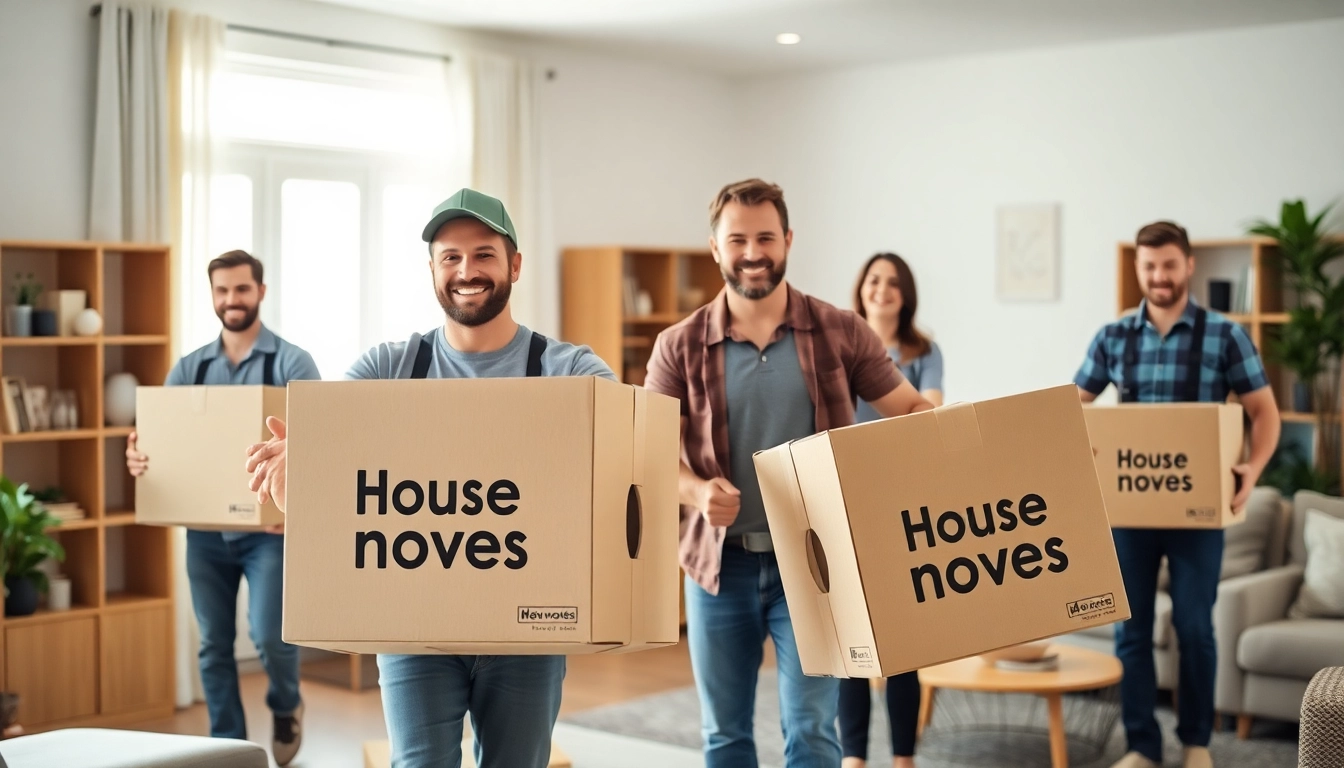 Movers performing house moves with friendly teamwork in a bright living room setting.