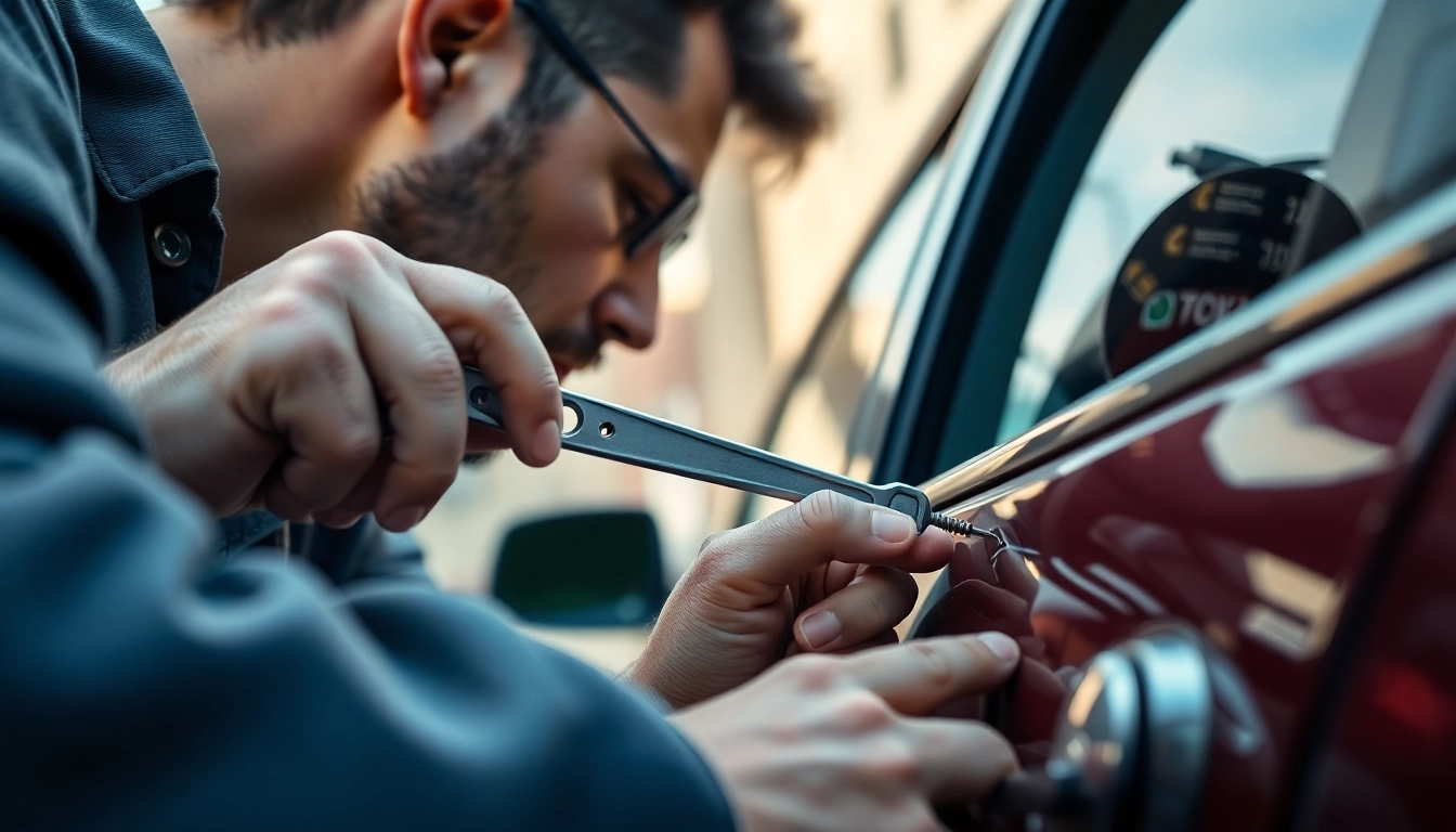 Locksmith unlocking keys locked in car with slim jim tool in urban setting.