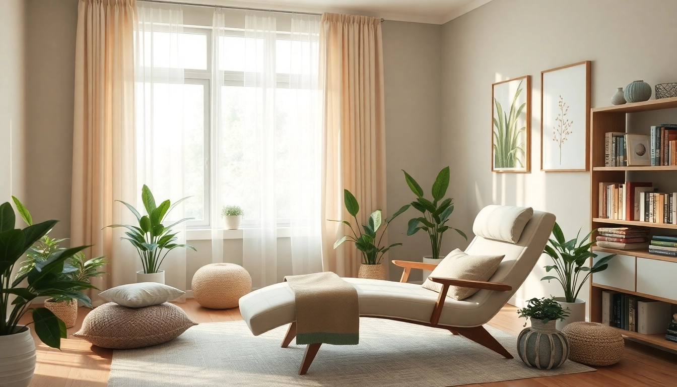 Healing trauma in a serene therapy room, inviting space with calming colors and natural light.