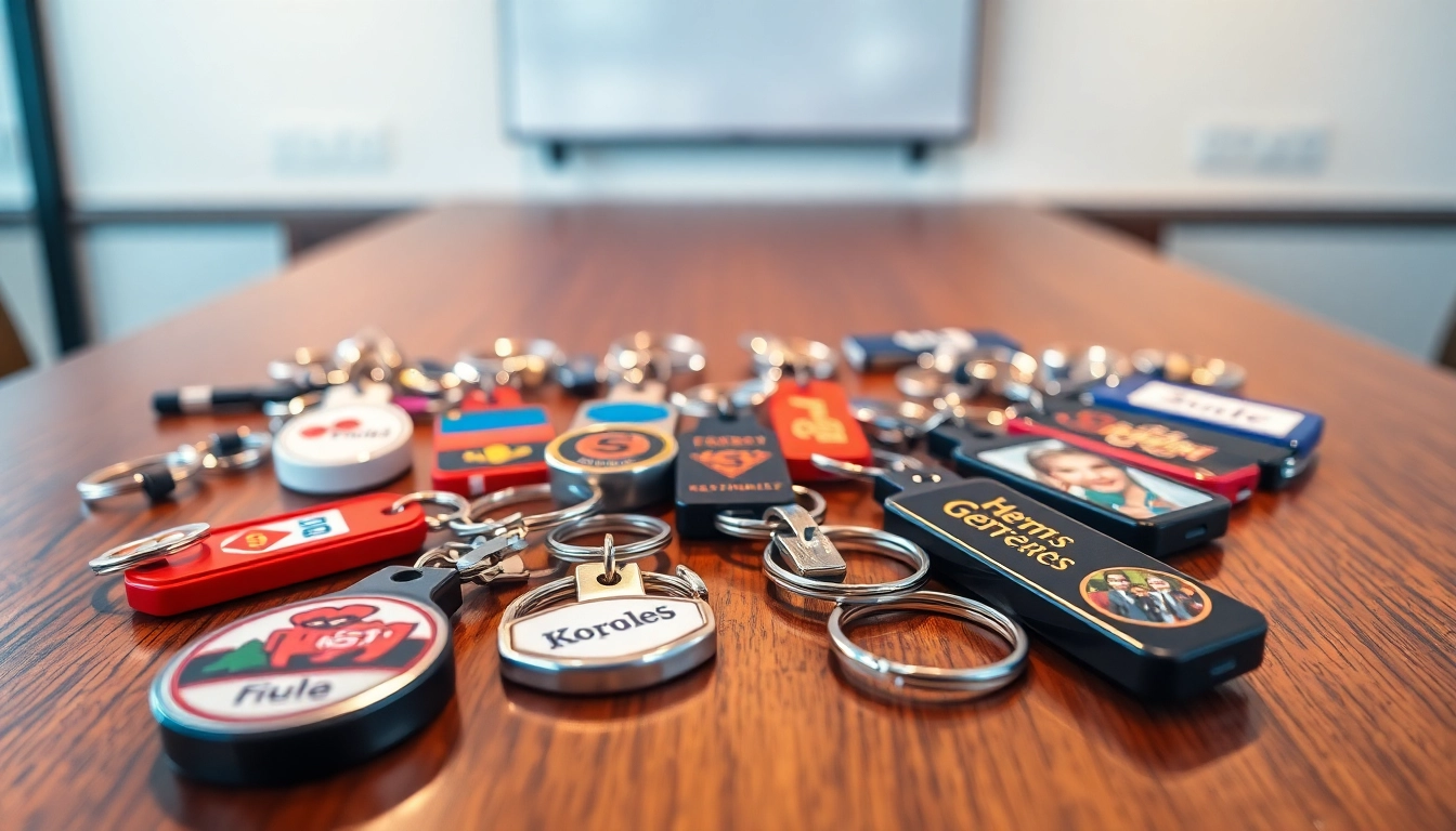 Showcase of customized key chains featuring logos and personalized designs on a wooden table.