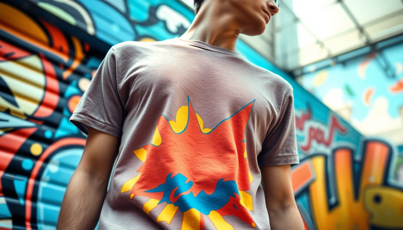 Showcase a colorful graphic t-shirt highlighting its vibrant design and urban backdrop.
