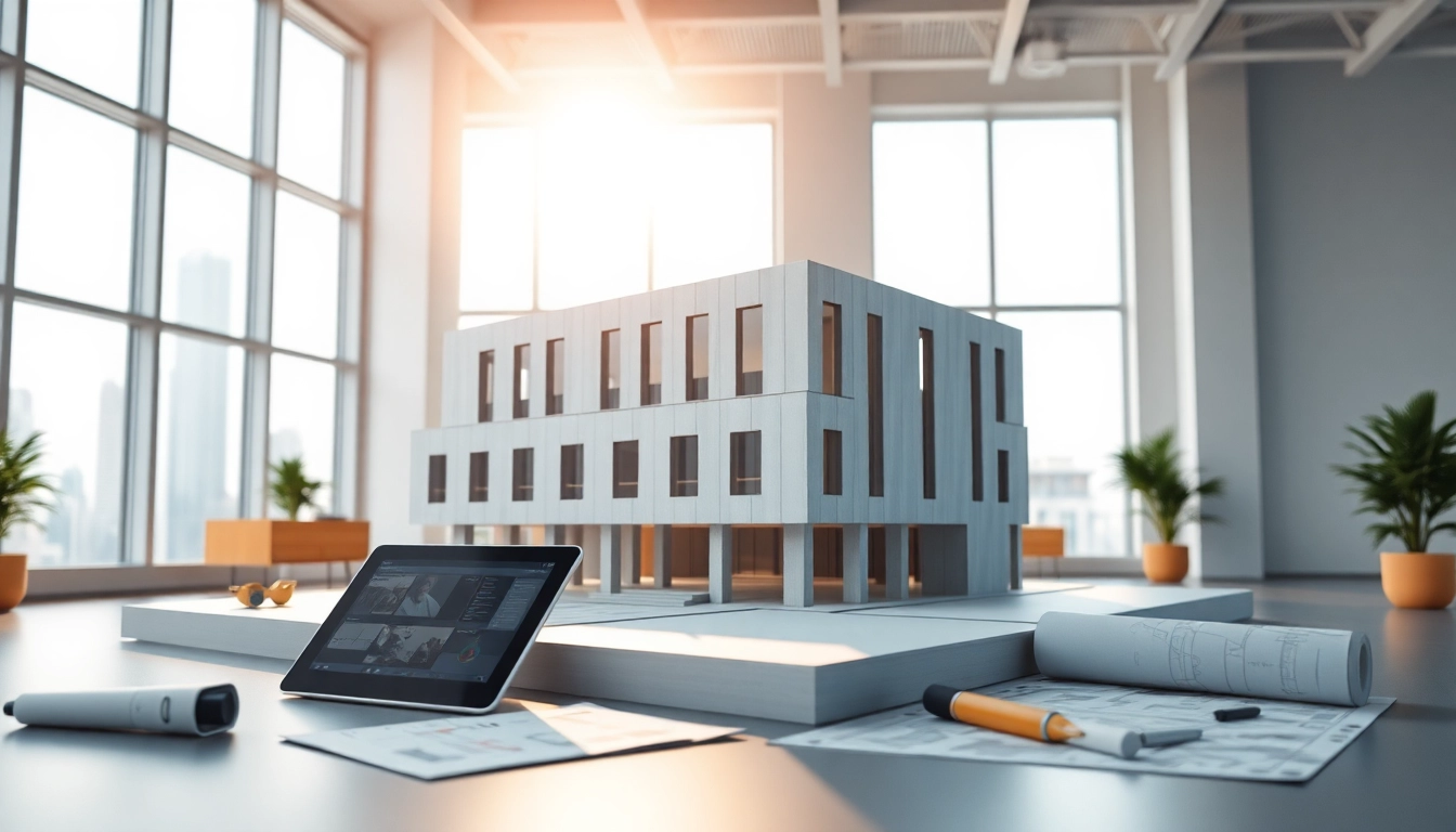 3D visualisierung eines architektonischen Modells in modernem Büroumfeld mit detaillierten Texturen.