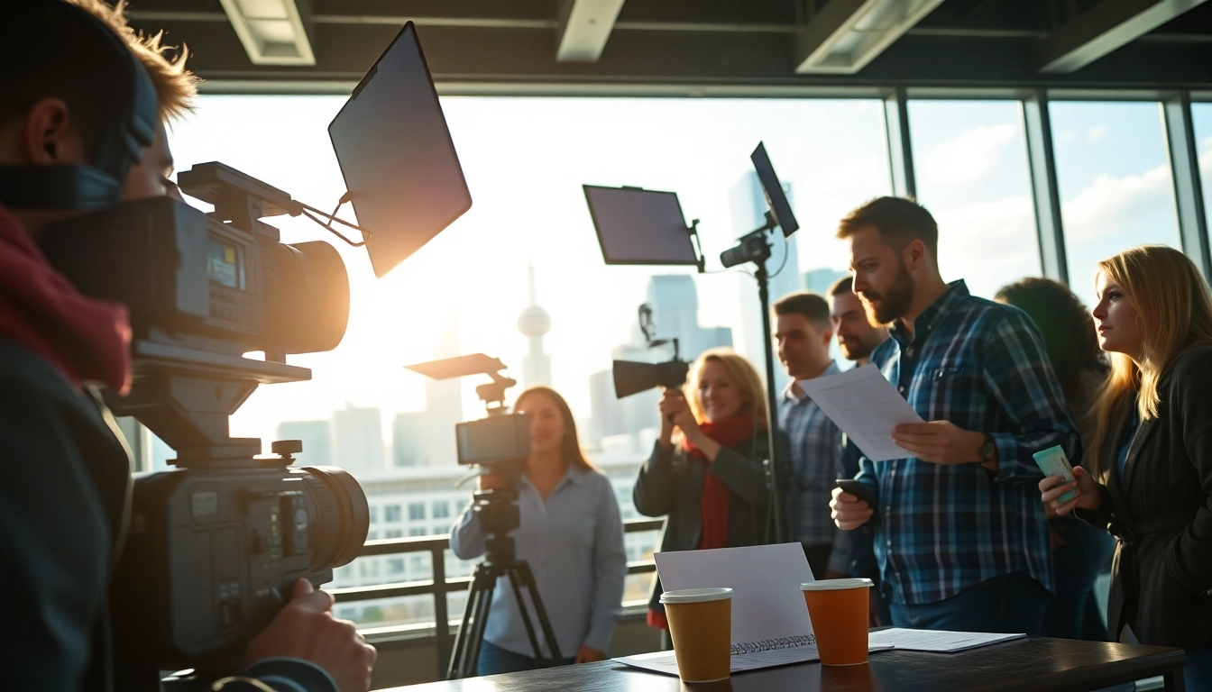 Engaging video production team in Edmonton, showcasing creative collaboration with equipment.