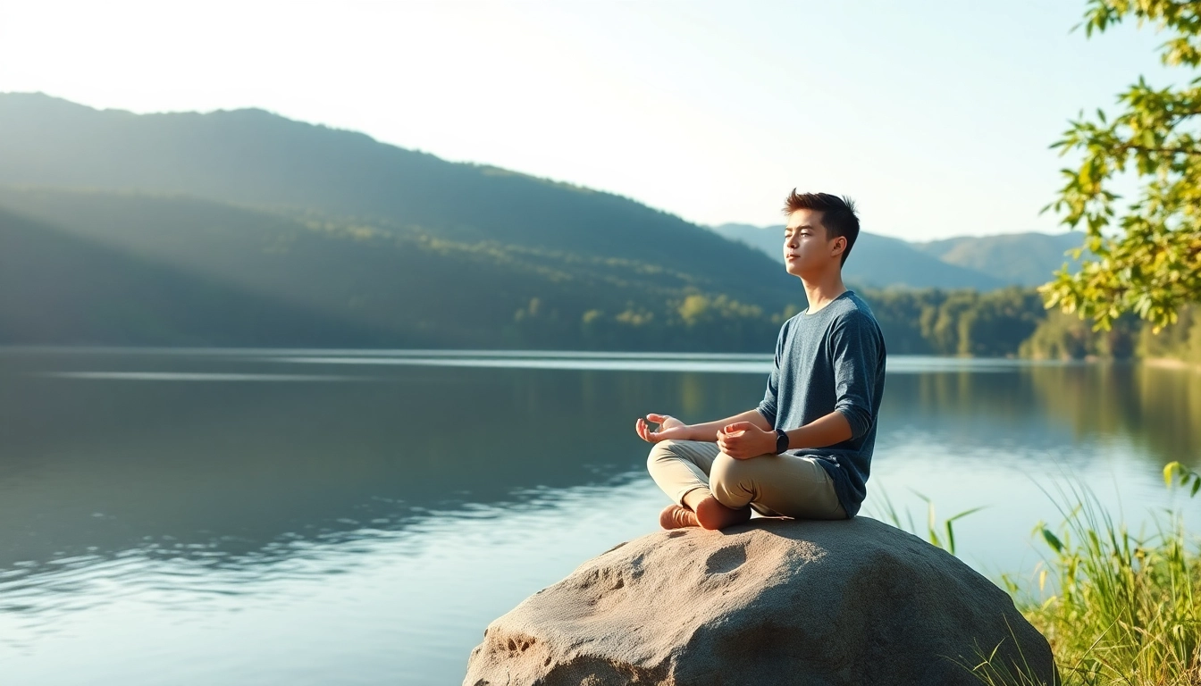 Practicing mindfulness and dealing with anxiety in a serene nature setting near a calm lake.