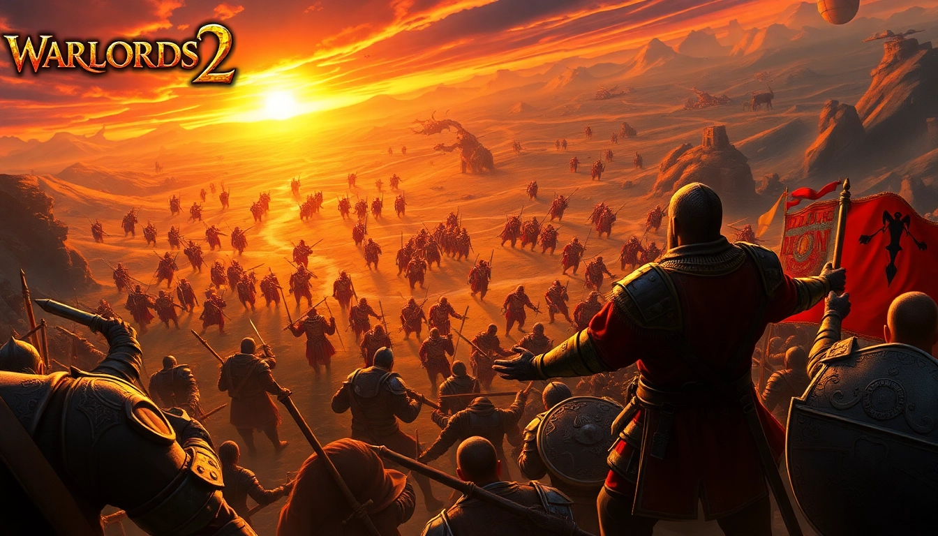 Engaging scene from Warlords 2, showcasing a strategic commander and fantasy armies battling in a vibrant setting.