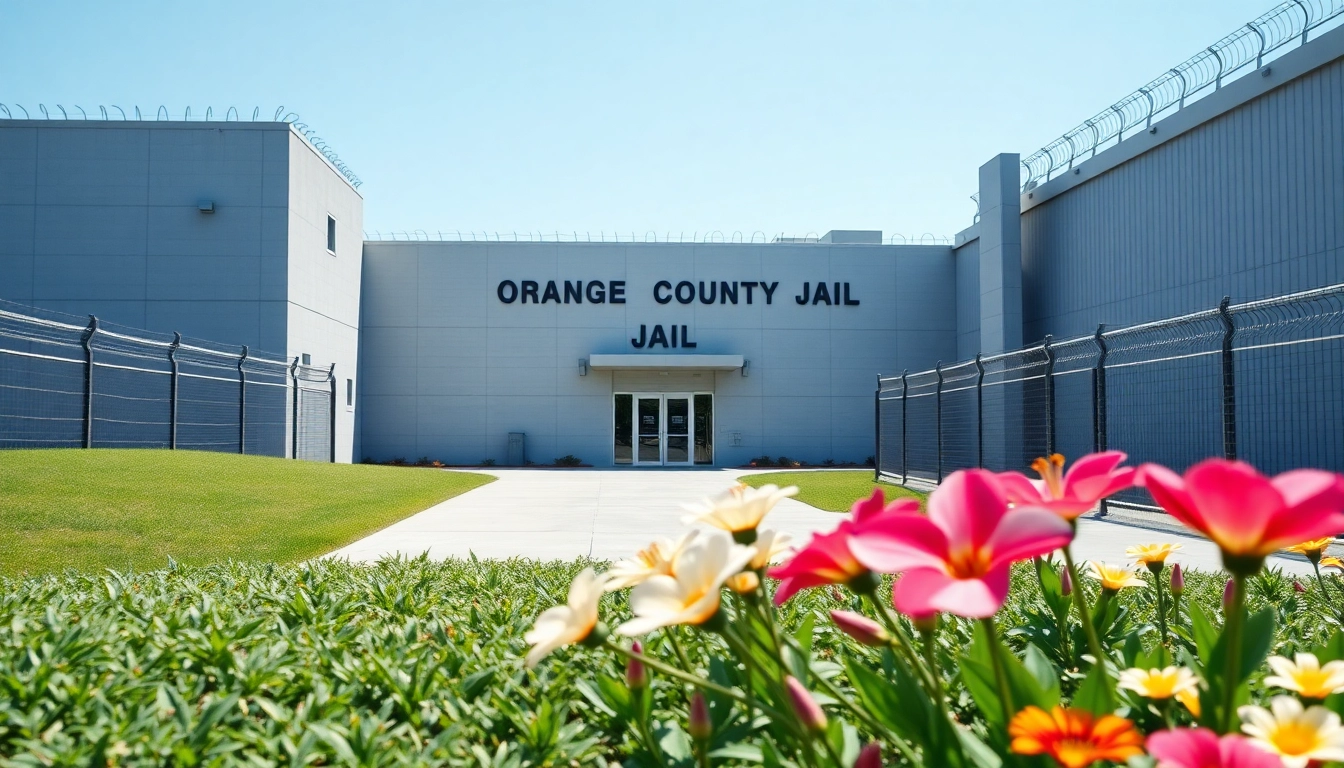Visit the Orange County Jail, featuring its secure architecture framed by vibrant flowers.