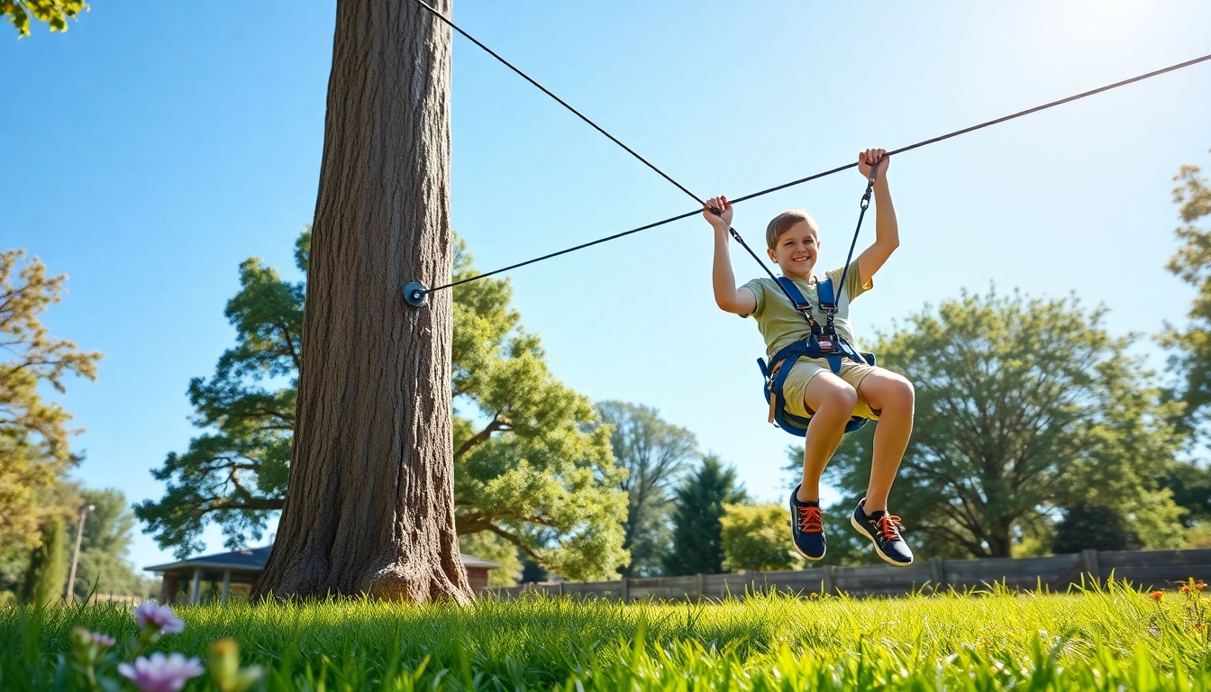 Experience the joy of riding a GARDEN ZIP WIRE KIT safely in a vibrant backyard.
