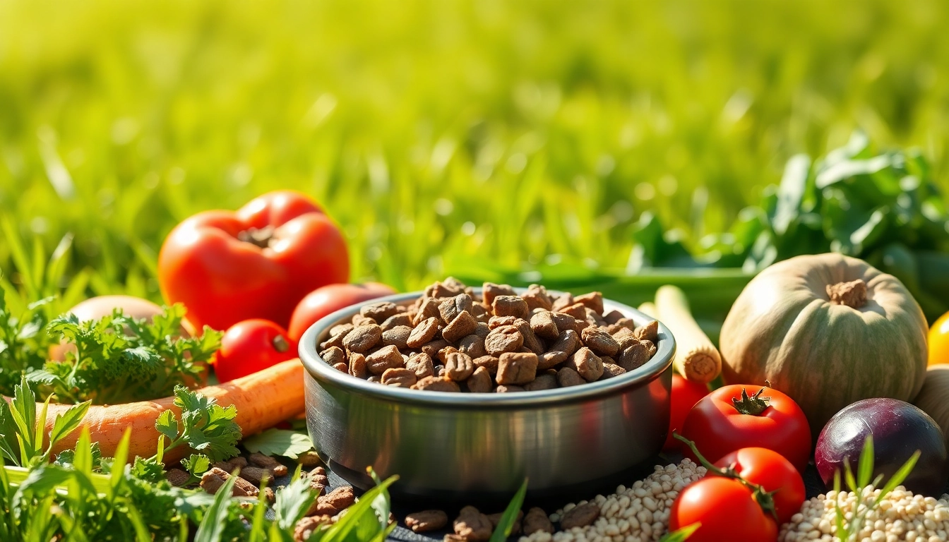 Showcasing badlands ranch dog food with fresh ingredients in a vibrant outdoor setting.