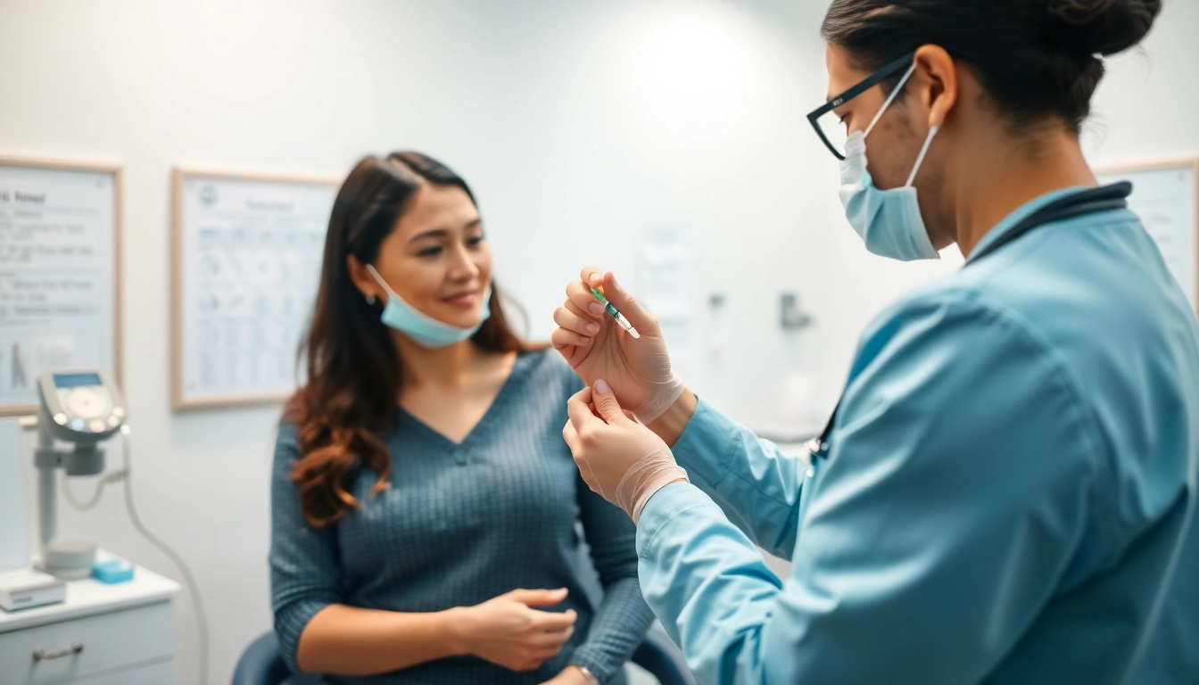 Healthcare professional assisting with injectable weight loss treatment in an inviting clinical setting.