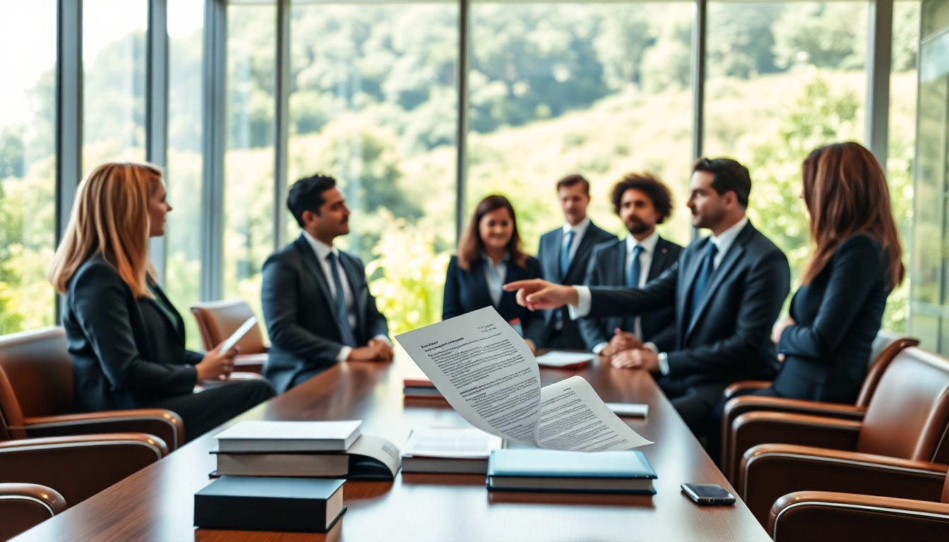 Legal team of an environmental law firm reviewing documents in a modern conference room.