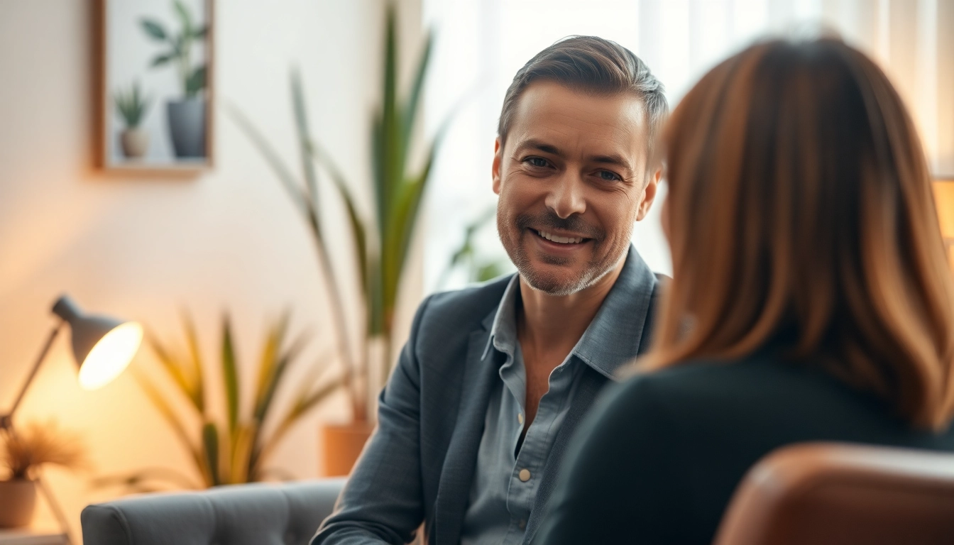 Inspiring relationship coach assisting a client in a calming office environment.