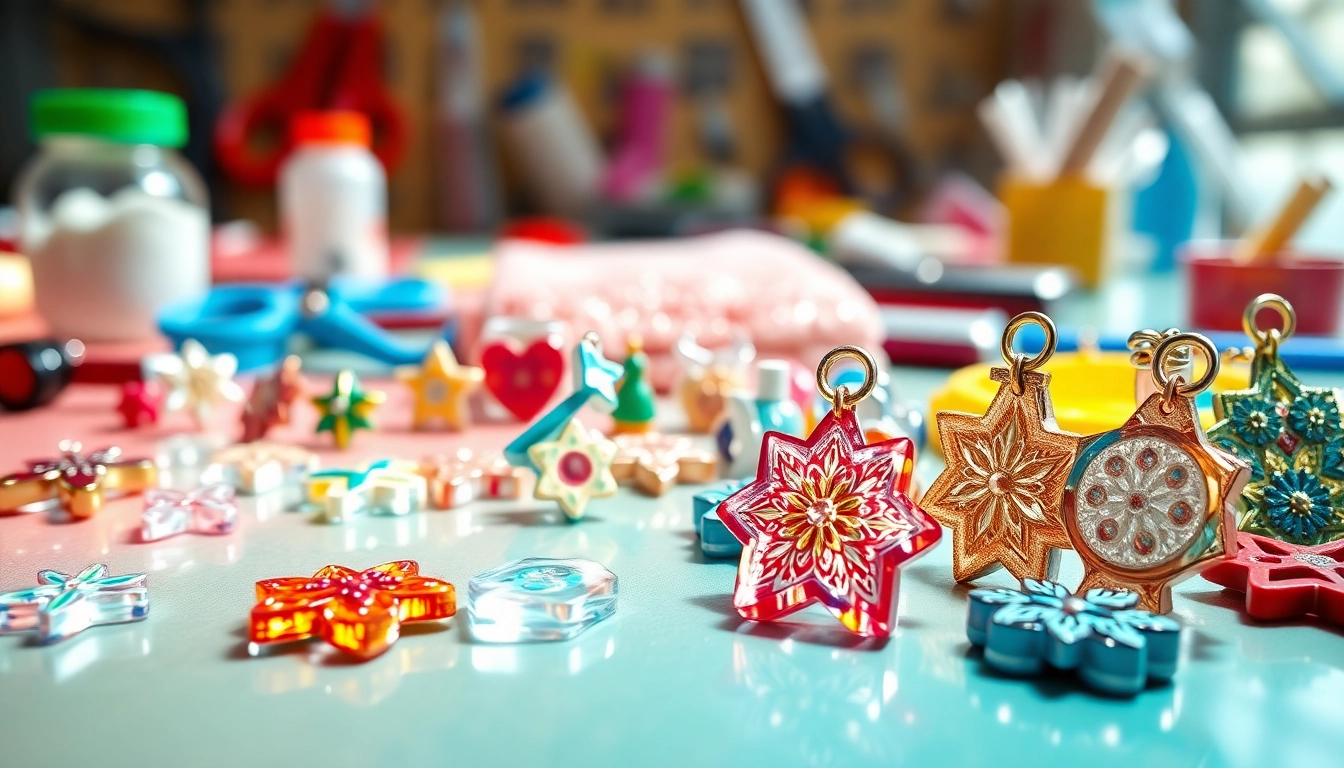 Browse custom acrylic charms showcasing vibrant colors and unique designs on a crafting table.