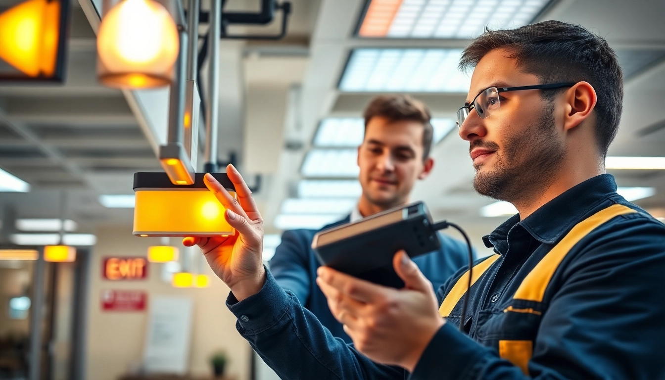 Ensure proper Emergency Light Testing with technicians examining exit lights in a professional office.
